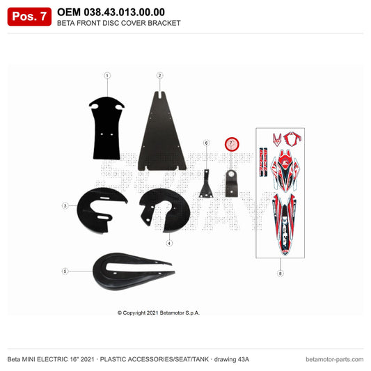 BETA FRONT DISC COVER BRACKET – OEM 038.43.013.00.00, position 7 on the Beta MINI ELECTRIC 16" 2021 plastic accessories/seat/tank drawing
