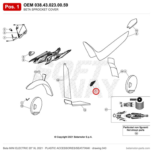 BETA SPROCKET COVER – OEM 038.43.023.00.59, position 1 on the Beta MINI ELECTRIC 20" XL 2021 plastic accessories/seat/tank drawing