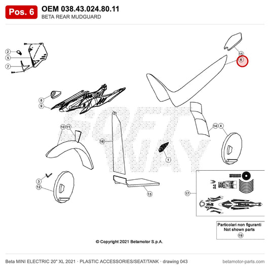 BETA REAR MUDGUARD – OEM 038.43.024.80.11, position 6 on the Beta MINI ELECTRIC 20" XL 2021 plastic accessories/seat/tank drawing