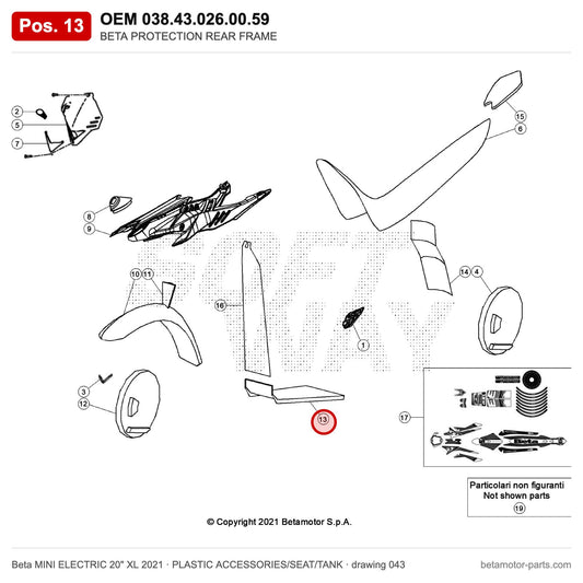 BETA PROTECTION REAR FRAME – OEM 038.43.026.00.59, position 13 on the Beta MINI ELECTRIC 20" XL 2021 plastic accessories/seat/tank drawing