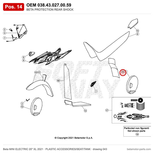 BETA PROTECTION REAR SHOCK – OEM 038.43.027.00.59, position 14 on the Beta MINI ELECTRIC 20" XL 2021 plastic accessories/seat/tank drawing