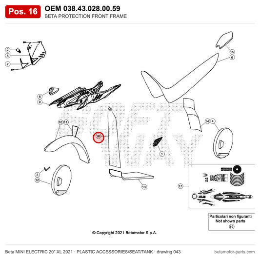 BETA PROTECTION FRONT FRAME – OEM 038.43.028.00.59, position 16 on the Beta MINI ELECTRIC 20" XL 2021 plastic accessories/seat/tank drawing