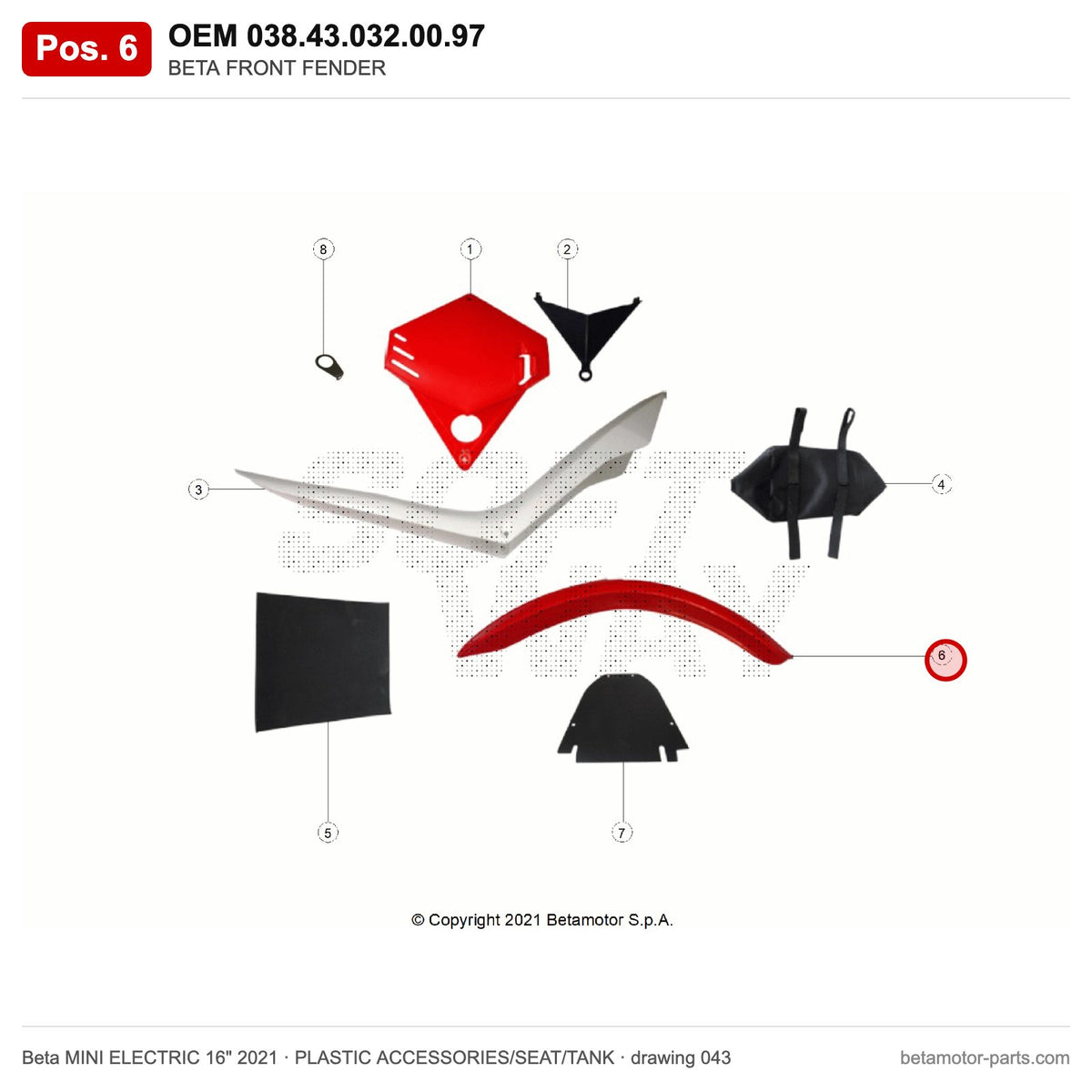 BETA FRONT FENDER – OEM 038.43.032.00.97, position 6 on the Beta MINI ELECTRIC 16" 2021 plastic accessories/seat/tank drawing