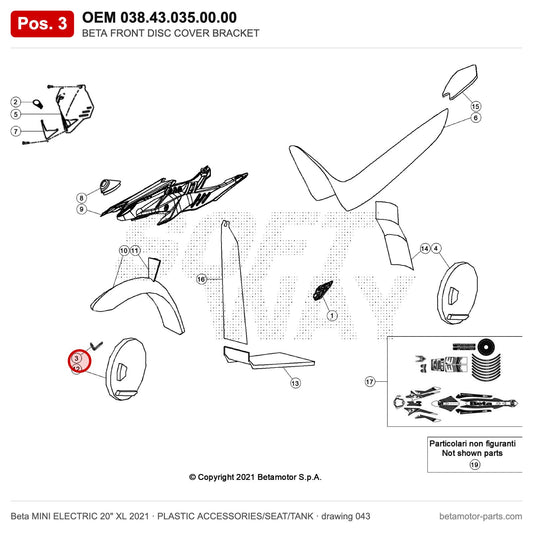 BETA FRONT DISC COVER BRACKET – OEM 038.43.035.00.00, position 3 on the Beta MINI ELECTRIC 20" XL 2021 plastic accessories/seat/tank drawing