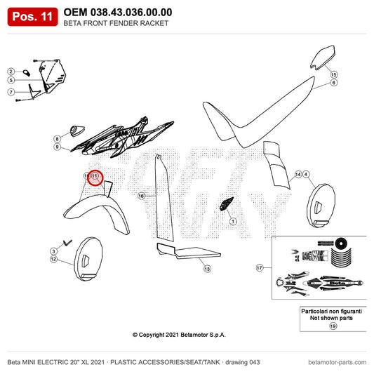 BETA FRONT FENDER RACKET – OEM 038.43.036.00.00, position 11 on the Beta MINI ELECTRIC 20" XL 2021 plastic accessories/seat/tank drawing