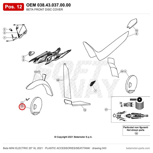 BETA FRONT DISC COVER – OEM 038.43.037.00.00, position 12 on the Beta MINI ELECTRIC 20" XL 2021 plastic accessories/seat/tank drawing