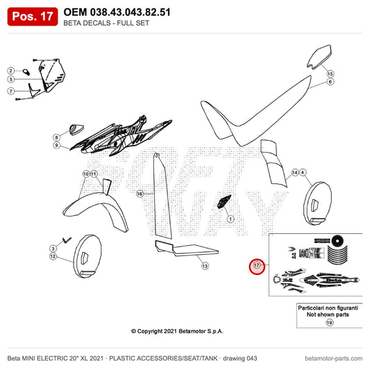 BETA DECALS - FULL SET – OEM 038.43.043.82.51, position 17 on the Beta MINI ELECTRIC 20" XL 2021 plastic accessories/seat/tank drawing