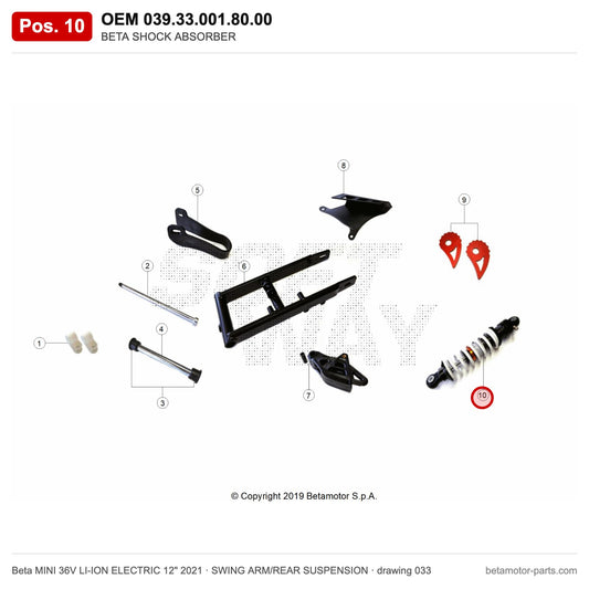 BETA SHOCK ABSORBER – OEM 039.33.001.80.00, position 10 on the Beta MINI 36V LI-ION ELECTRIC 12" 2021 swing arm/rear suspension drawing