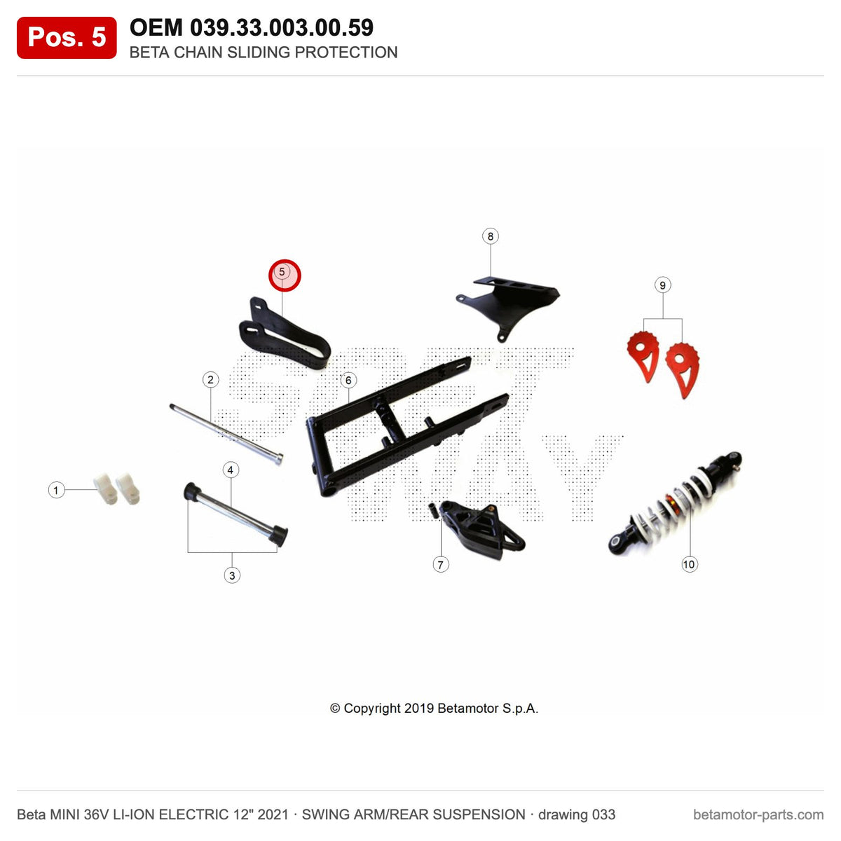 BETA CHAIN SLIDING PROTECTION – OEM 039.33.003.00.59, position 5 on the Beta MINI 36V LI-ION ELECTRIC 12" 2021 swing arm/rear suspension drawing