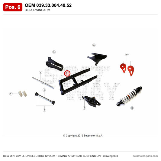 BETA SWINGARM – OEM 039.33.004.40.52, position 6 on the Beta MINI 36V LI-ION ELECTRIC 12" 2021 swing arm/rear suspension drawing