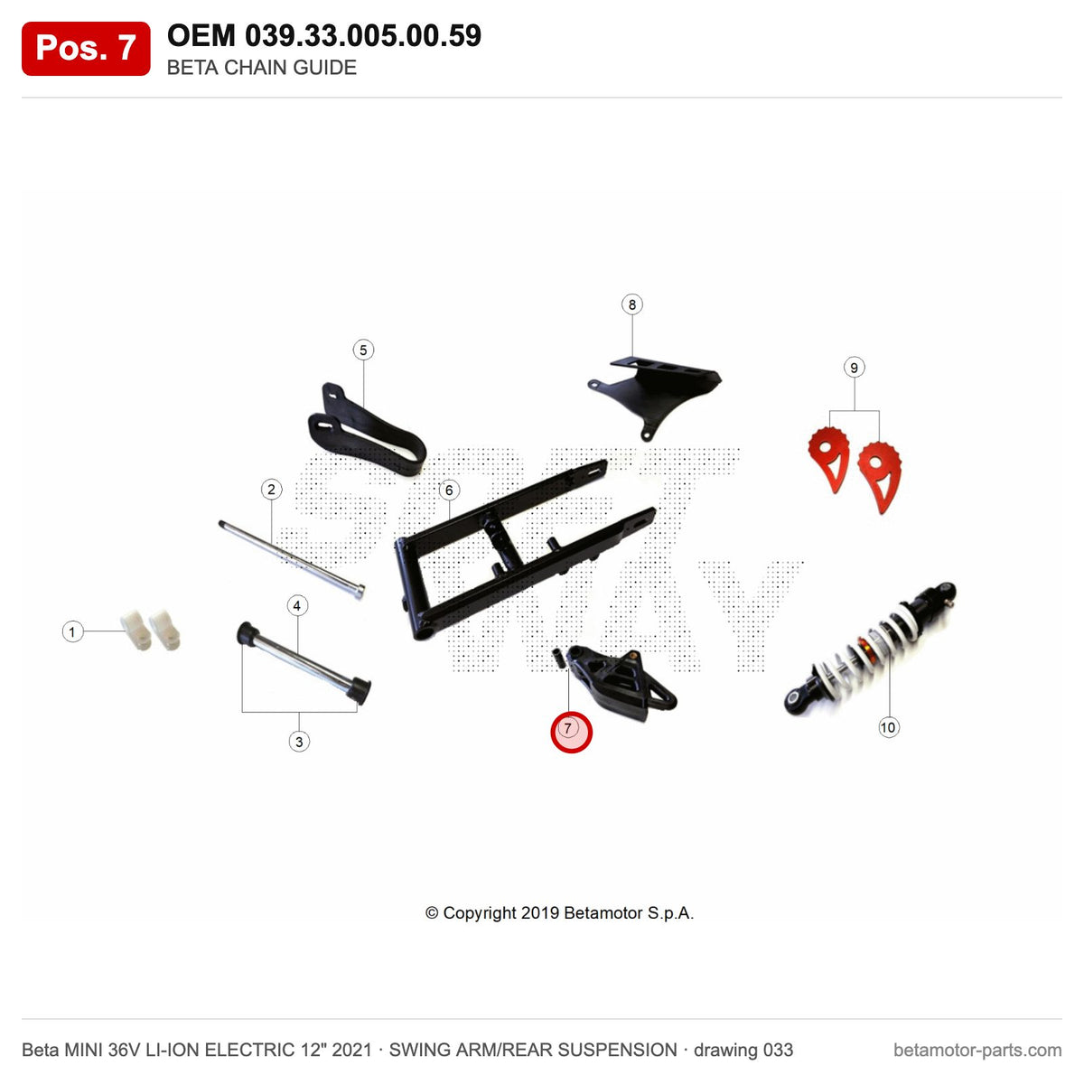 BETA CHAIN GUIDE – OEM 039.33.005.00.59, position 7 on the Beta MINI 36V LI-ION ELECTRIC 12" 2021 swing arm/rear suspension drawing