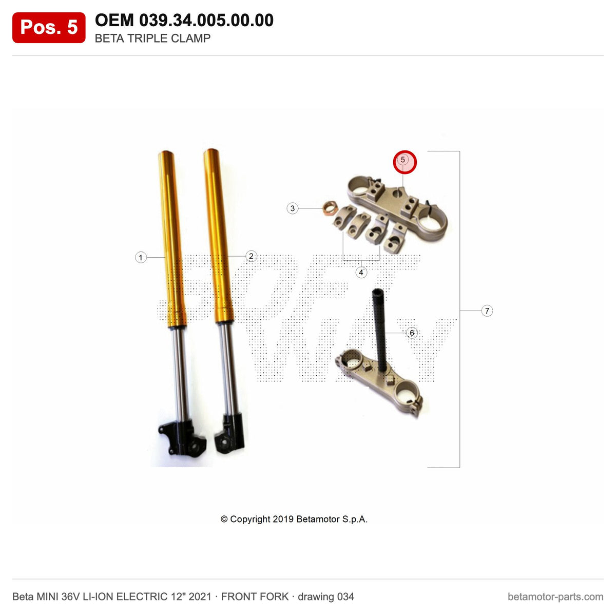BETA TRIPLE CLAMP – OEM 039.34.005.00.00, position 5 on the Beta MINI 36V LI-ION ELECTRIC 12" 2021 front fork drawing