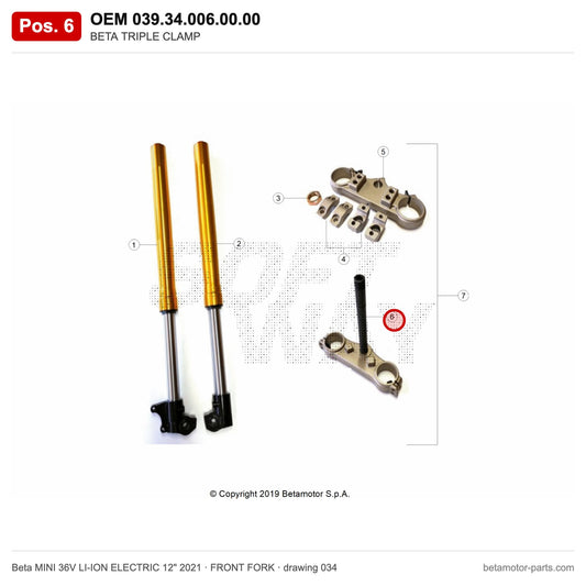BETA TRIPLE CLAMP – OEM 039.34.006.00.00, position 6 on the Beta MINI 36V LI-ION ELECTRIC 12" 2021 front fork drawing
