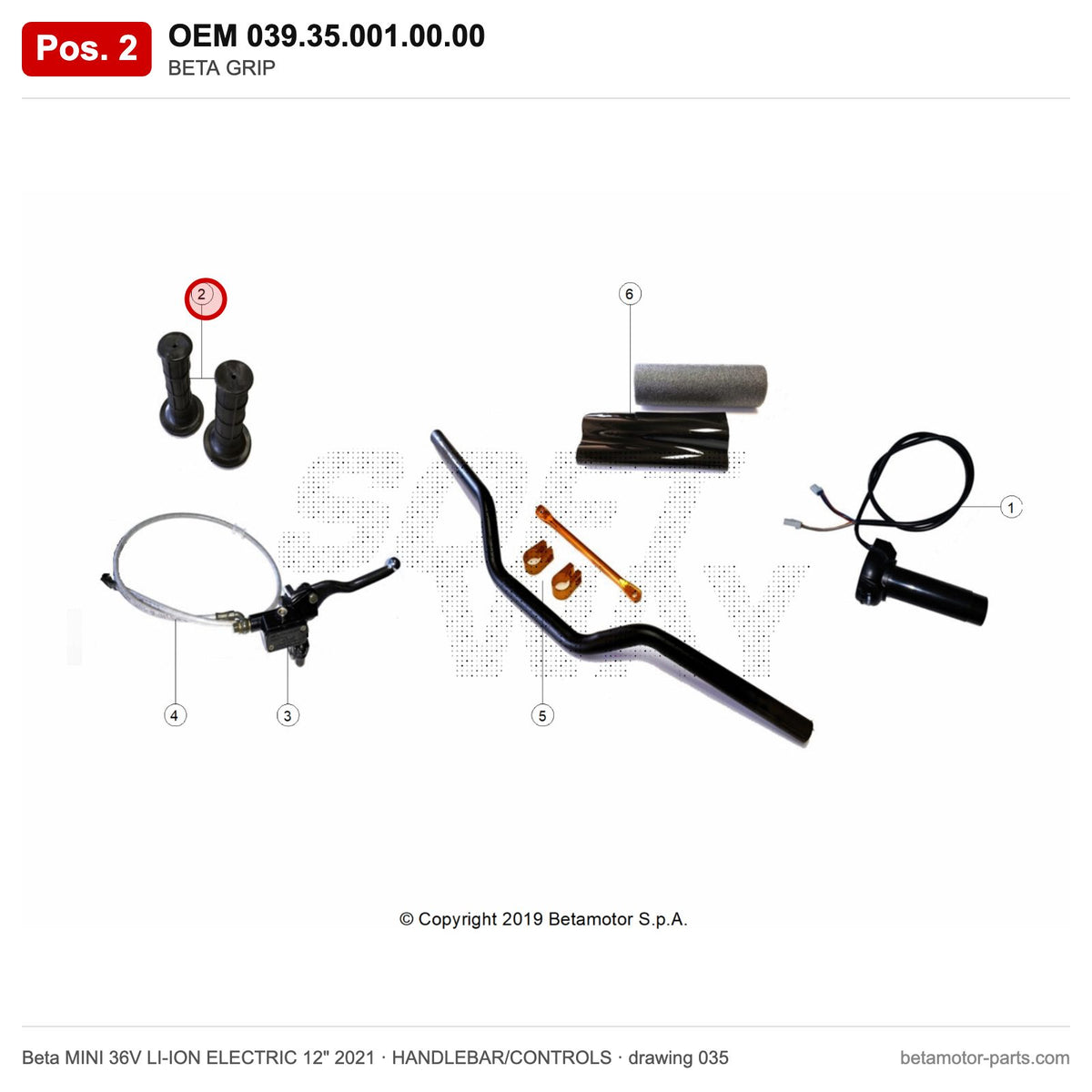 BETA GRIP – OEM 039.35.001.00.00, position 2 on the Beta MINI 36V LI-ION ELECTRIC 12" 2021 handlebar/controls drawing