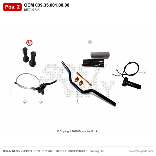 BETA GRIP – OEM 039.35.001.00.00, position 2 on the Beta MINI 36V LI-ION ELECTRIC 12" 2021 handlebar/controls drawing