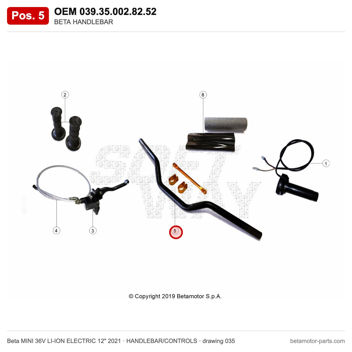 BETA HANDLEBAR – OEM 039.35.002.82.52, position 5 on the Beta MINI 36V LI-ION ELECTRIC 12" 2021 handlebar/controls drawing