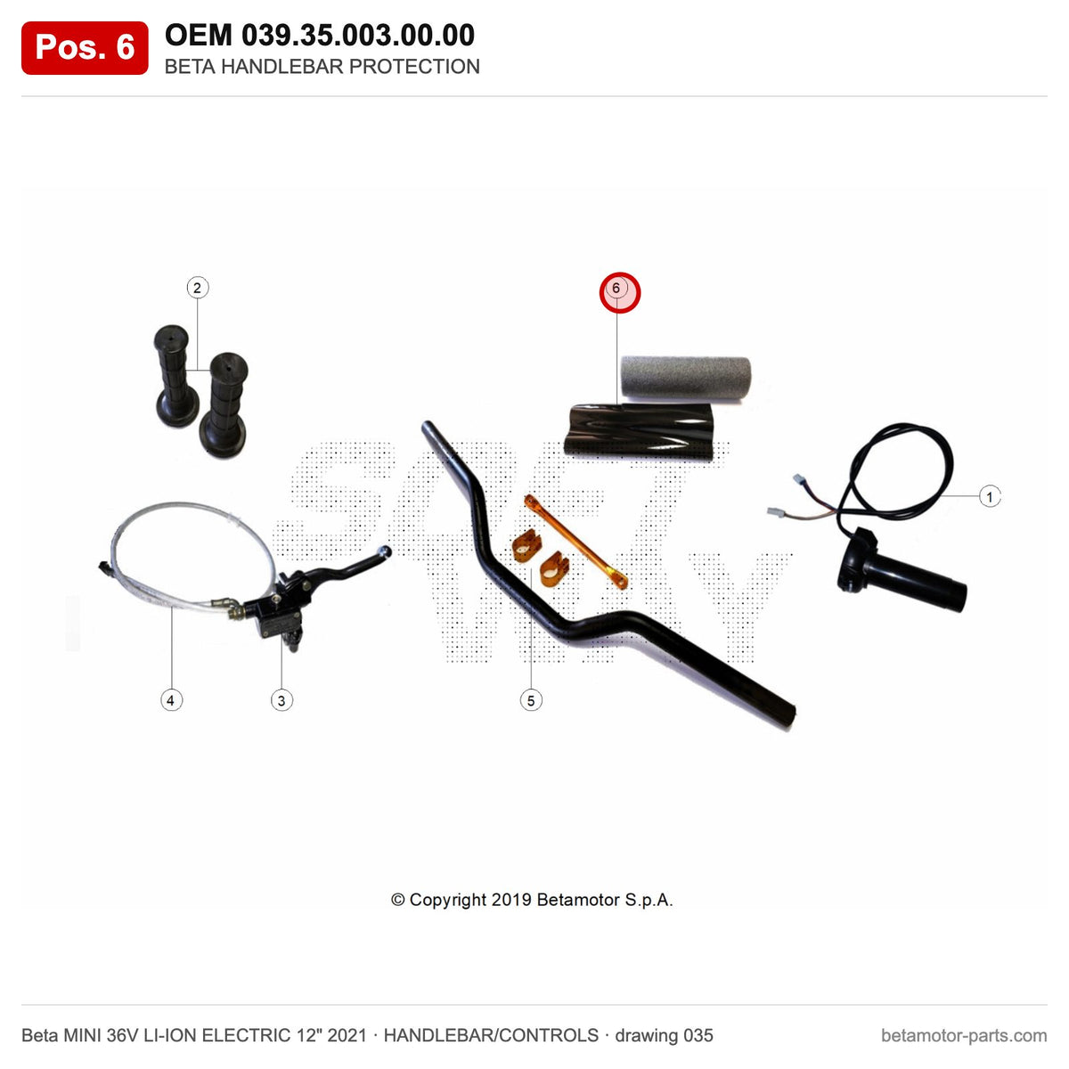 BETA HANDLEBAR PROTECTION – OEM 039.35.003.00.00, position 6 on the Beta MINI 36V LI-ION ELECTRIC 12" 2021 handlebar/controls drawing