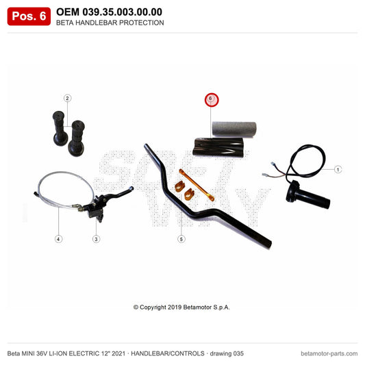 BETA HANDLEBAR PROTECTION – OEM 039.35.003.00.00, position 6 on the Beta MINI 36V LI-ION ELECTRIC 12" 2021 handlebar/controls drawing