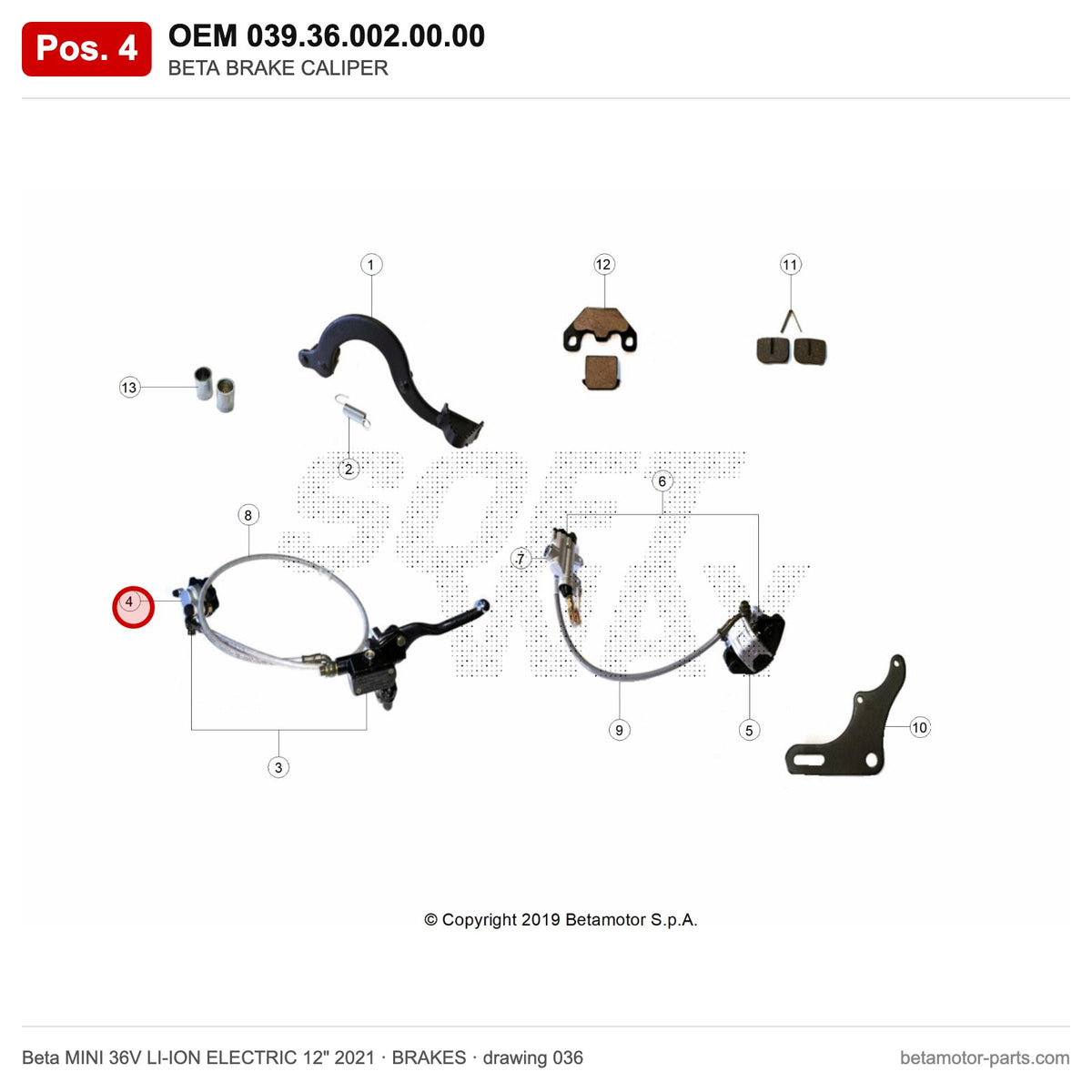 BETA BRAKE CALIPER – OEM 039.36.002.00.00, position 4 on the Beta MINI 36V LI-ION ELECTRIC 12" 2021 brakes drawing