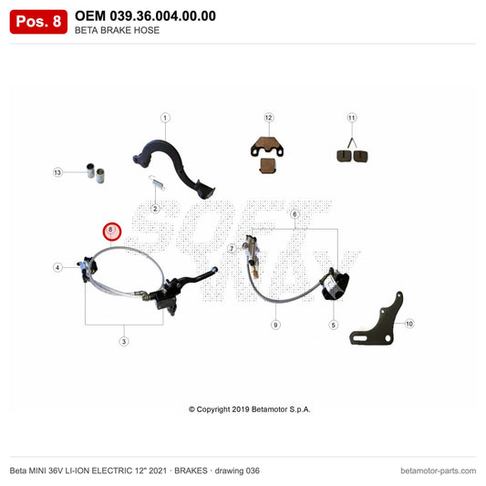 BETA BRAKE HOSE – OEM 039.36.004.00.00, position 8 on the Beta MINI 36V LI-ION ELECTRIC 12" 2021 brakes drawing
