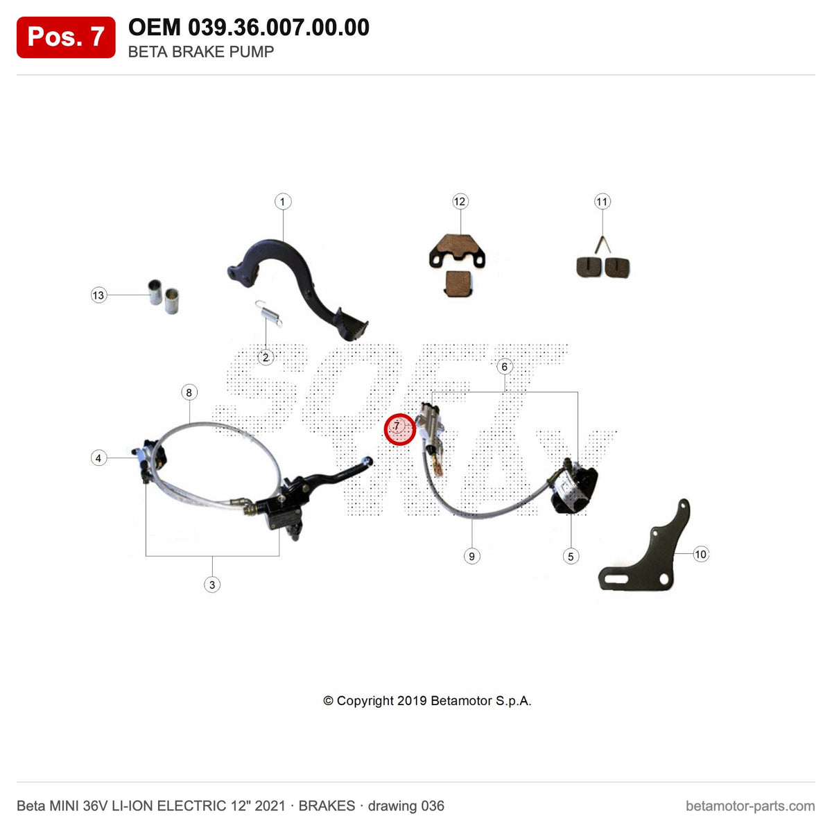 BETA BRAKE PUMP – OEM 039.36.007.00.00, position 7 on the Beta MINI 36V LI-ION ELECTRIC 12" 2021 brakes drawing