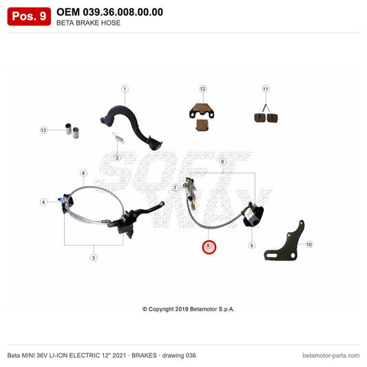 BETA BRAKE HOSE – OEM 039.36.008.00.00, position 9 on the Beta MINI 36V LI-ION ELECTRIC 12" 2021 brakes drawing