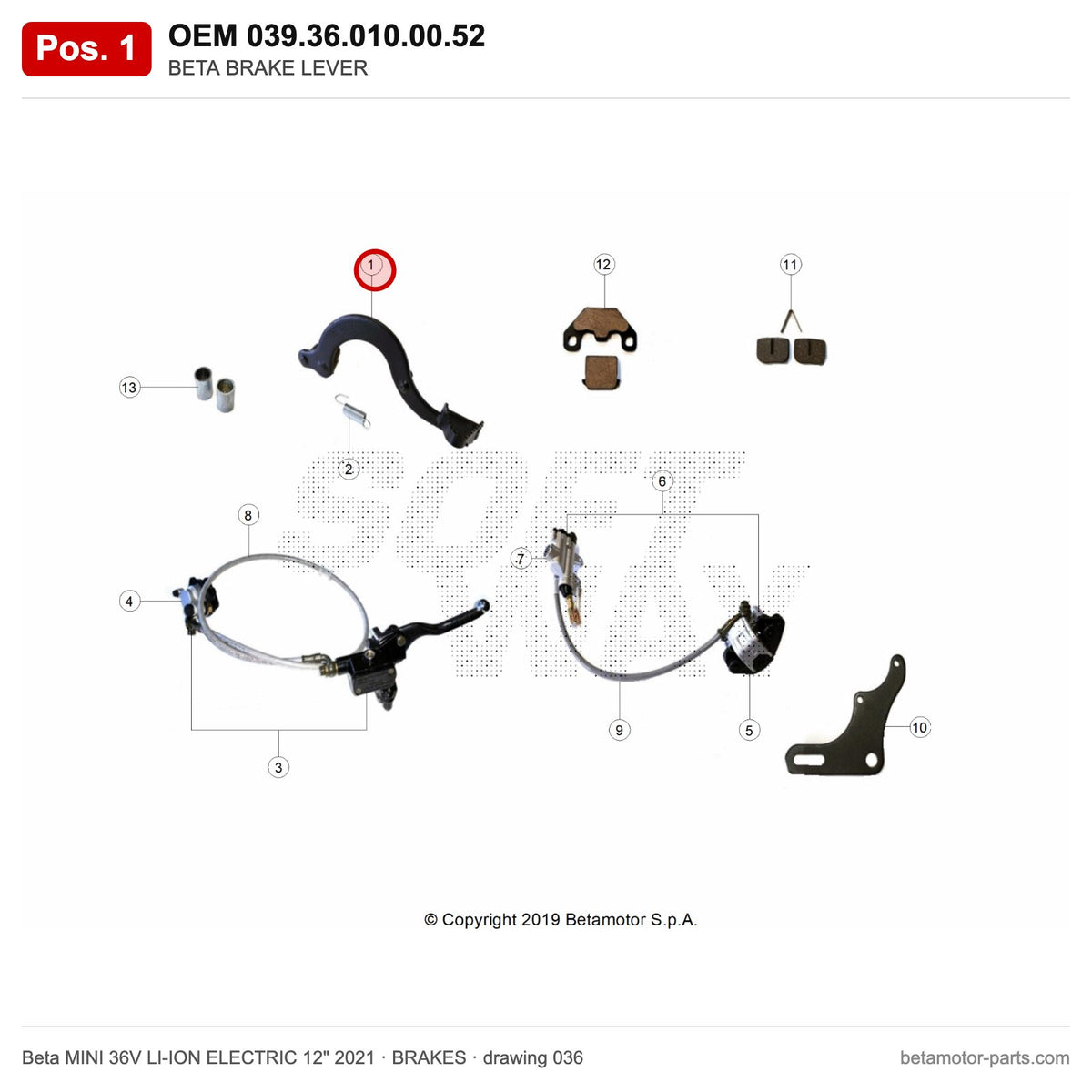 BETA BRAKE LEVER – OEM 039.36.010.00.52, position 1 on the Beta MINI 36V LI-ION ELECTRIC 12" 2021 brakes drawing