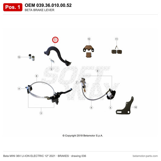 BETA BRAKE LEVER – OEM 039.36.010.00.52, position 1 on the Beta MINI 36V LI-ION ELECTRIC 12" 2021 brakes drawing