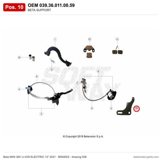 BETA SUPPORT – OEM 039.36.011.00.59, position 10 on the Beta MINI 36V LI-ION ELECTRIC 12" 2021 brakes drawing