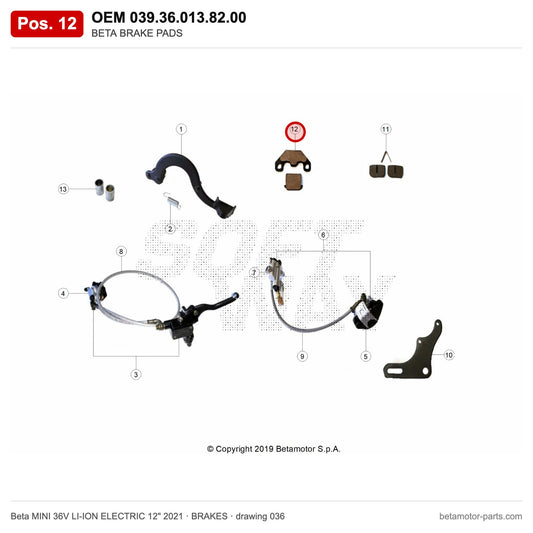 BETA BRAKE PADS – OEM 039.36.013.82.00, position 12 on the Beta MINI 36V LI-ION ELECTRIC 12" 2021 brakes drawing