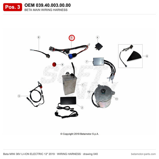 BETA MAIN WIRING HARNESS – OEM 039.40.003.00.00, position 3 on the Beta MINI 36V LI-ION ELECTRIC 12" 2019 wiring harness drawing