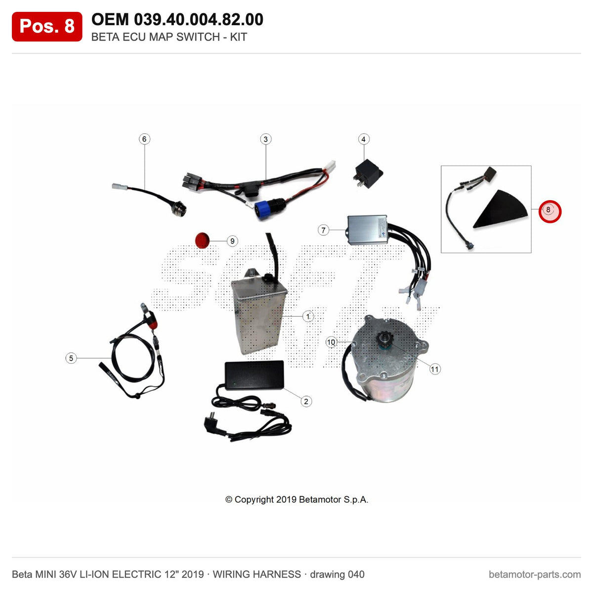 BETA ECU MAP SWITCH - KIT – OEM 039.40.004.82.00, position 8 on the Beta MINI 36V LI-ION ELECTRIC 12" 2019 wiring harness drawing