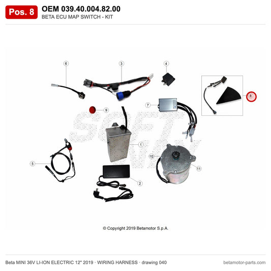 BETA ECU MAP SWITCH - KIT – OEM 039.40.004.82.00, position 8 on the Beta MINI 36V LI-ION ELECTRIC 12" 2019 wiring harness drawing
