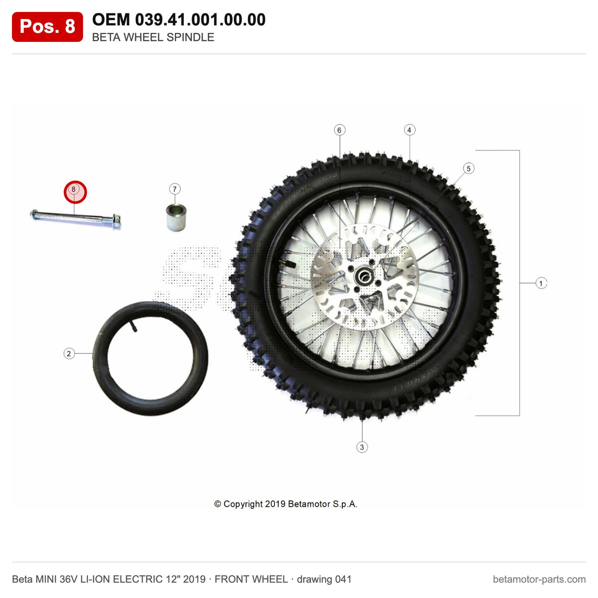 BETA WHEEL SPINDLE – OEM 039.41.001.00.00, position 8 on the Beta MINI 36V LI-ION ELECTRIC 12" 2019 front wheel drawing