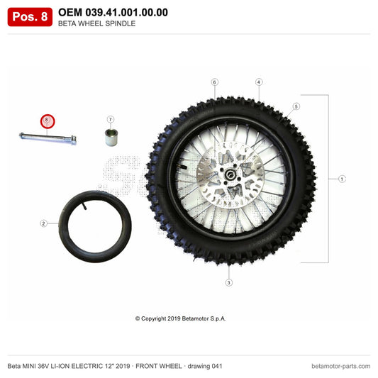 BETA WHEEL SPINDLE – OEM 039.41.001.00.00, position 8 on the Beta MINI 36V LI-ION ELECTRIC 12" 2019 front wheel drawing