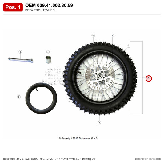 BETA FRONT WHEEL – OEM 039.41.002.80.59, position 1 on the Beta MINI 36V LI-ION ELECTRIC 12" 2019 front wheel drawing