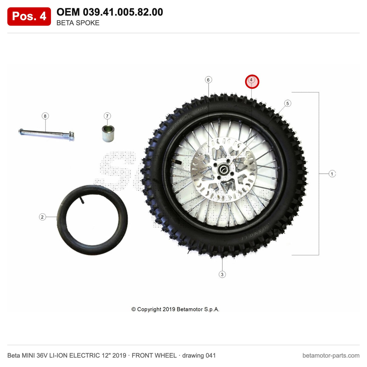 BETA SPOKE – OEM 039.41.005.82.00, position 4 on the Beta MINI 36V LI-ION ELECTRIC 12" 2019 front wheel drawing