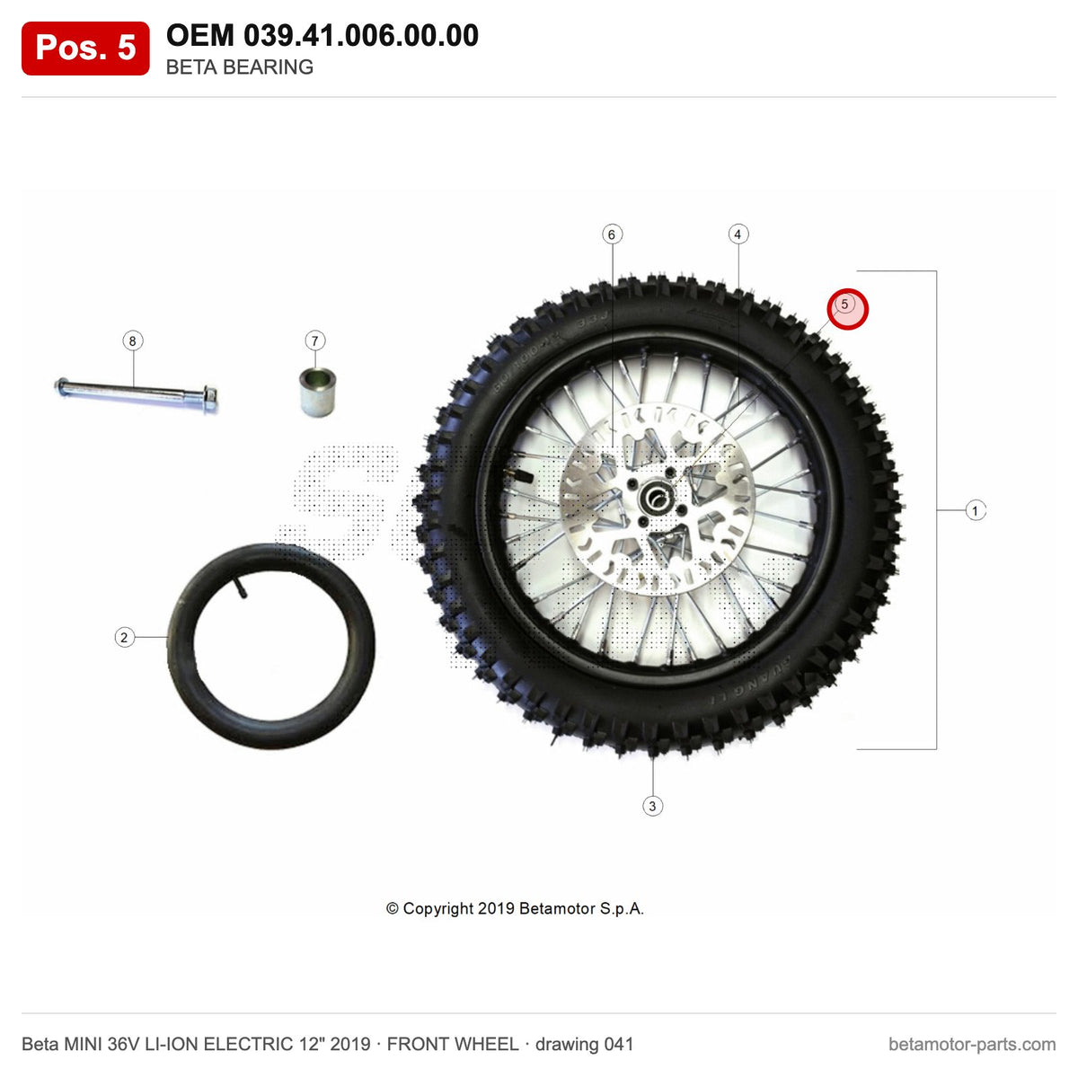 BETA BEARING – OEM 039.41.006.00.00, position 5 on the Beta MINI 36V LI-ION ELECTRIC 12" 2019 front wheel drawing