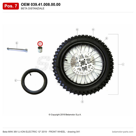 BETA DISTANZIALE – OEM 039.41.008.00.00, position 7 on the Beta MINI 36V LI-ION ELECTRIC 12" 2019 front wheel drawing