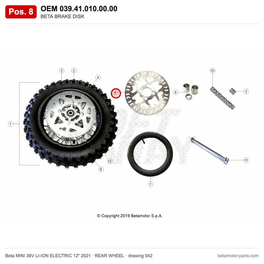 BETA BRAKE DISK – OEM 039.41.010.00.00, position 8 on the Beta MINI 36V LI-ION ELECTRIC 12" 2021 rear wheel drawing