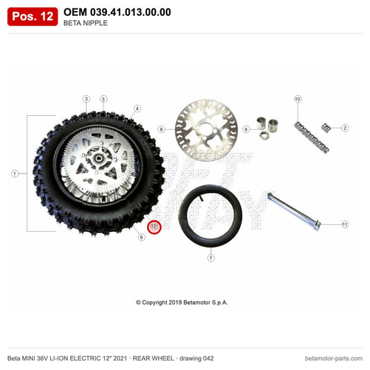 BETA NIPPLE – OEM 039.41.013.00.00, position 12 on the Beta MINI 36V LI-ION ELECTRIC 12" 2021 rear wheel drawing