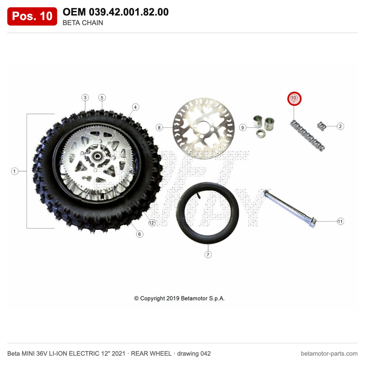 BETA CHAIN – OEM 039.42.001.82.00, position 10 on the Beta MINI 36V LI-ION ELECTRIC 12" 2021 rear wheel drawing