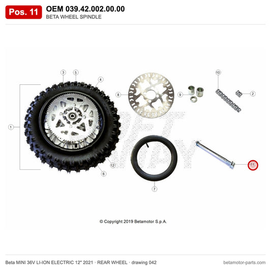 BETA WHEEL SPINDLE – OEM 039.42.002.00.00, position 11 on the Beta MINI 36V LI-ION ELECTRIC 12" 2021 rear wheel drawing