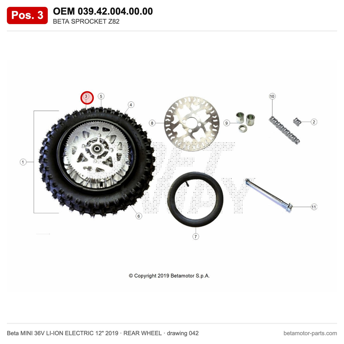 BETA SPROCKET Z82 – OEM 039.42.004.00.00, position 3 on the Beta MINI 36V LI-ION ELECTRIC 12" 2019 rear wheel drawing