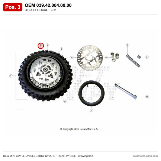 BETA SPROCKET Z82 – OEM 039.42.004.00.00, position 3 on the Beta MINI 36V LI-ION ELECTRIC 12" 2019 rear wheel drawing