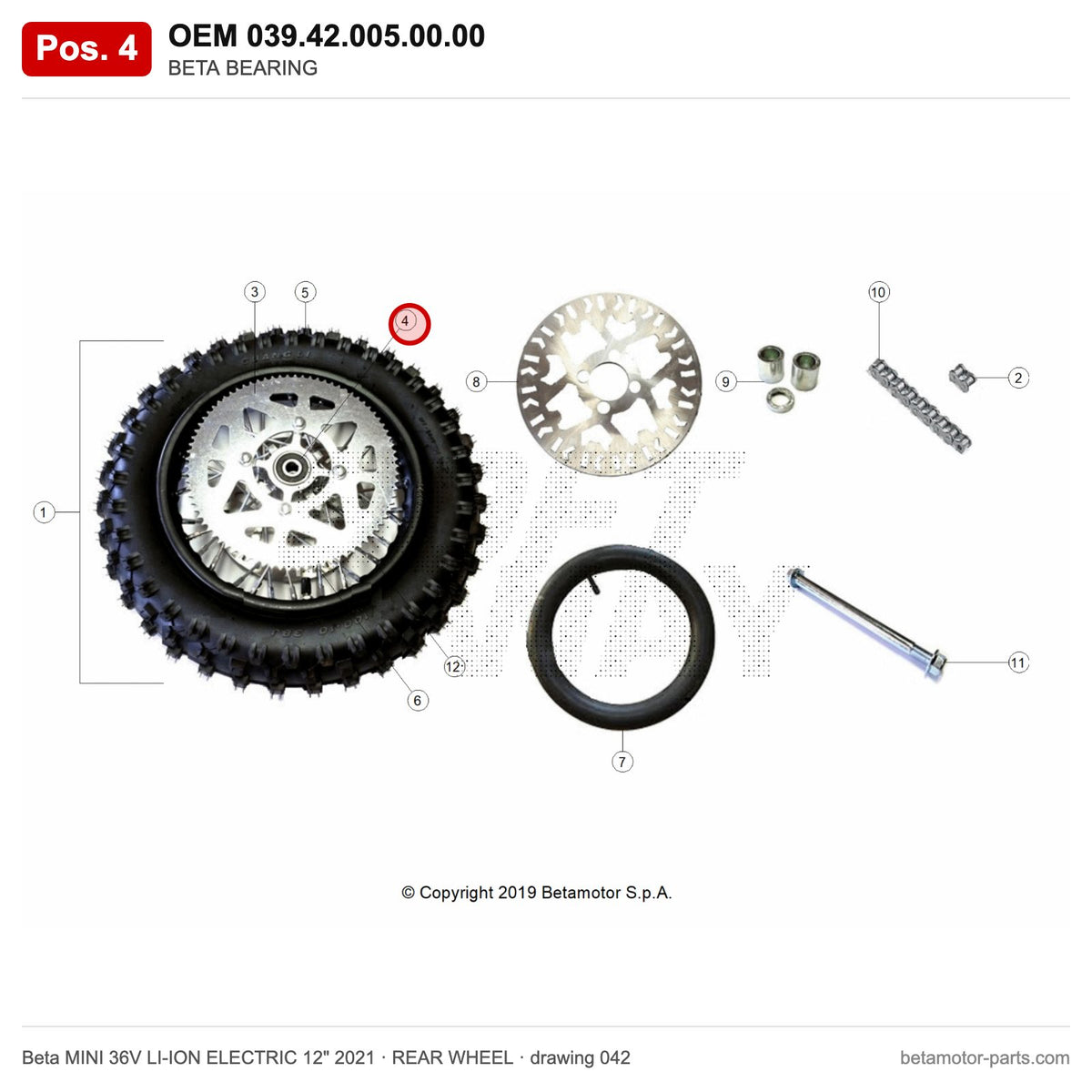 BETA BEARING – OEM 039.42.005.00.00, position 4 on the Beta MINI 36V LI-ION ELECTRIC 12" 2021 rear wheel drawing