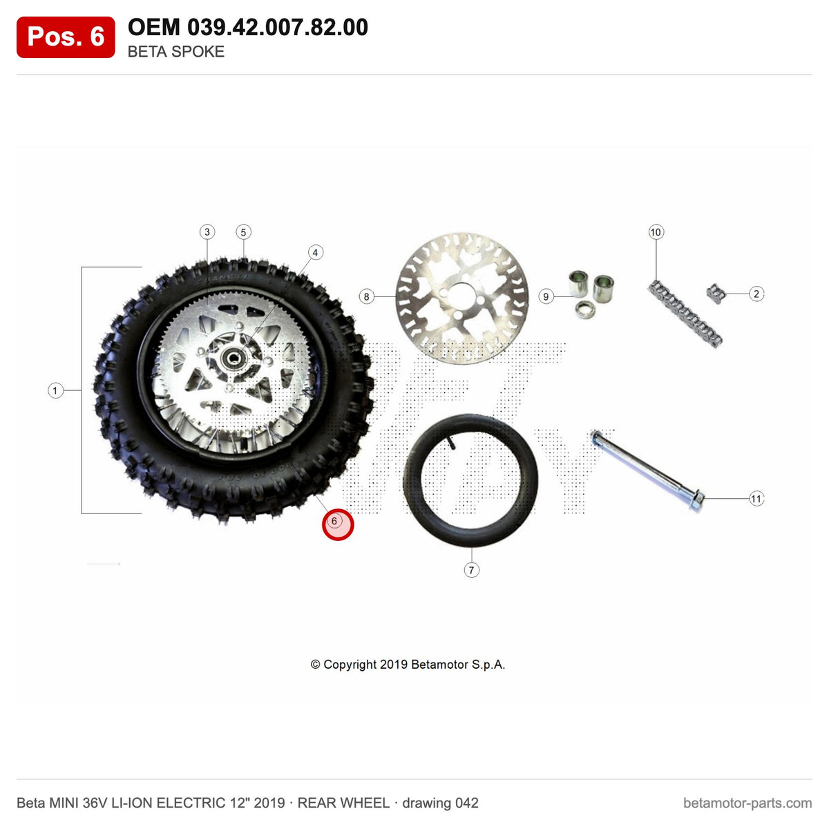 BETA SPOKE – OEM 039.42.007.82.00, position 6 on the Beta MINI 36V LI-ION ELECTRIC 12" 2019 rear wheel drawing