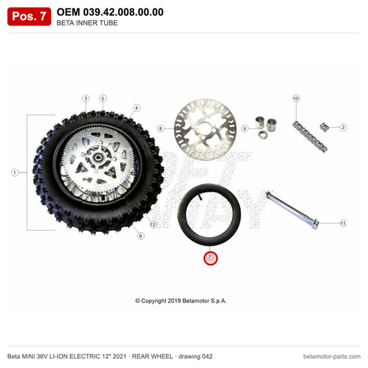 BETA INNER TUBE – OEM 039.42.008.00.00, position 7 on the Beta MINI 36V LI-ION ELECTRIC 12" 2021 rear wheel drawing