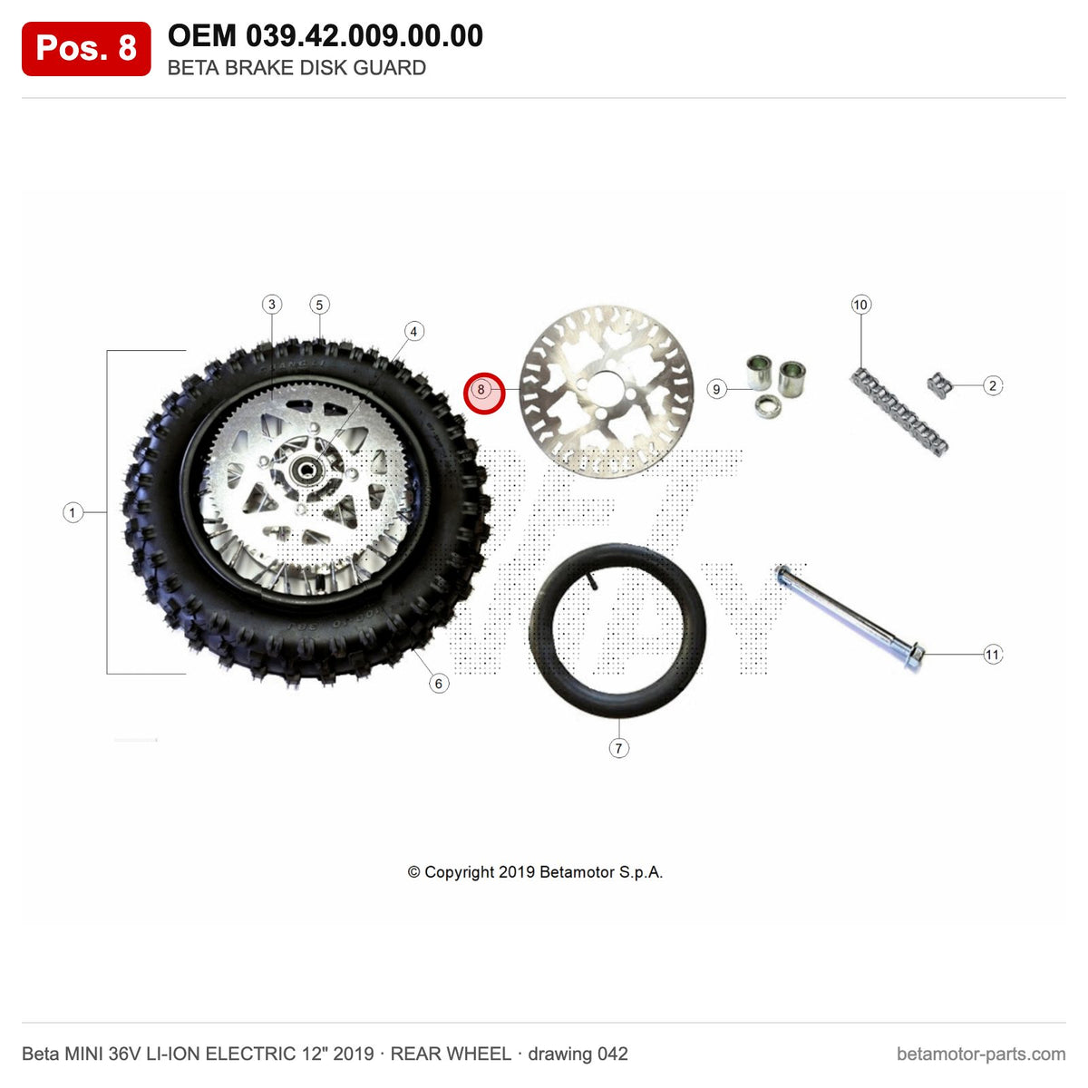 BETA BRAKE DISK GUARD – OEM 039.42.009.00.00, position 8 on the Beta MINI 36V LI-ION ELECTRIC 12" 2019 rear wheel drawing