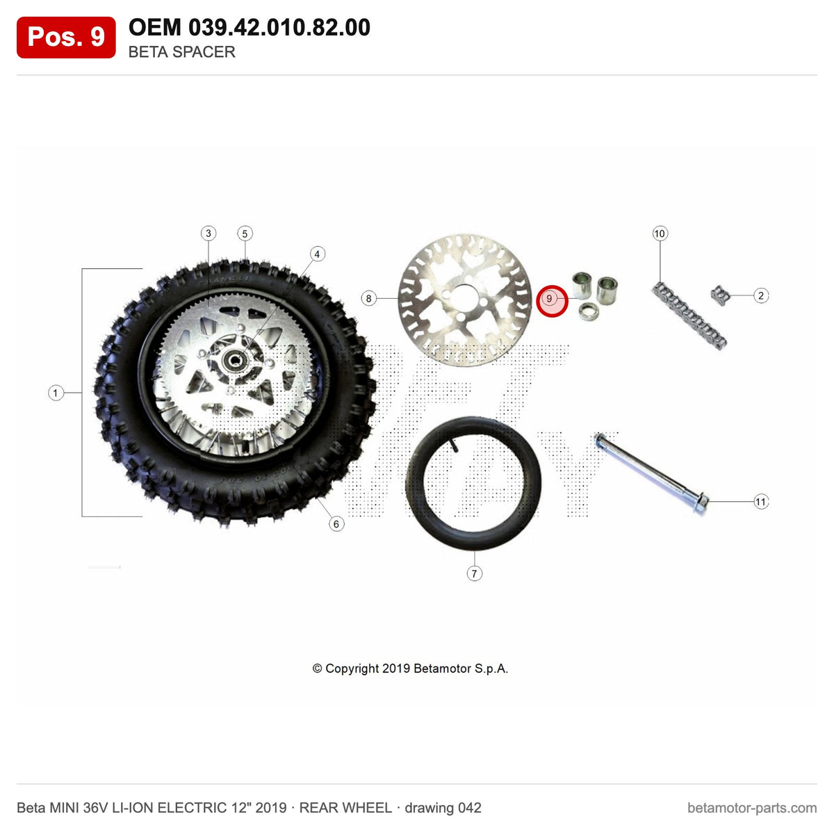 BETA SPACER – OEM 039.42.010.82.00, position 9 on the Beta MINI 36V LI-ION ELECTRIC 12" 2019 rear wheel drawing